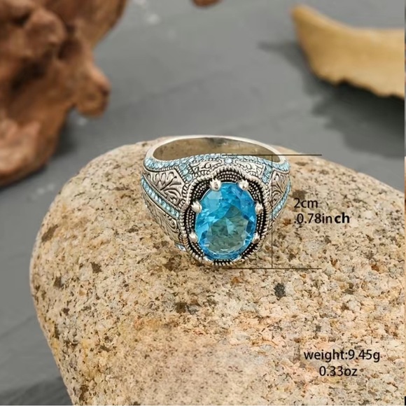 Blue Rhinestone Studded Silver Chunky Men's Ring - Picture 3 of 3